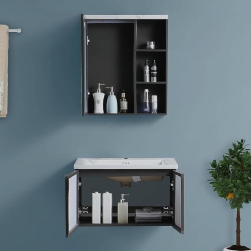 Image of Plantex Bathroom Vanity Cabinet Set /LED Light Glass Mirror Cabinet /Ceramic Basin for Bathroom - Pack of 1 (White & Black)