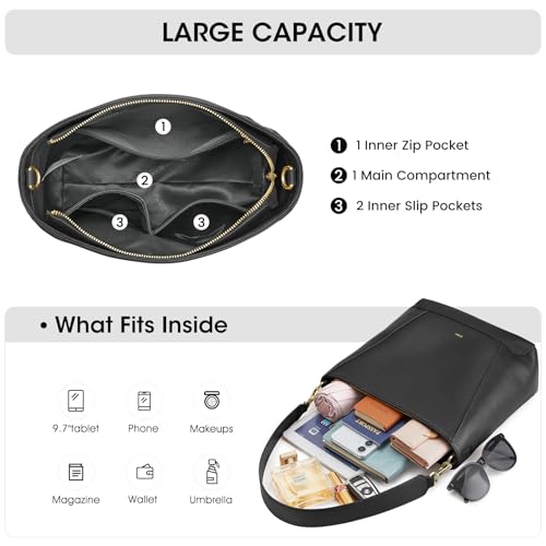 Kattee Leather Purses and Handbags, Medium Bucket Bags for Women, Top Grain Leather Tote Shoulder Crossbody with 2 Straps4