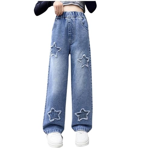 Girls Star Embroidery Jeans Straight Leg Denim Pants High Waisted Baggy Boyfriend Jeans with Pockets