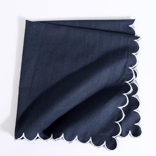 Image of FINGERCRAFT Scallop Edge Cloth Napkins | Set of 6 | 20x20 Inches | 100% Cotton | Table Napkins for Any Occasion | Washable, Perfect for Parties and Everyday Use (Navy Flax, Set of 6)