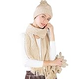 Scarf Hat Gloves Set Women - Pom Beanie Warm Thick Cable Knit Touch Screen Gloves Long Scarf 3pcs...