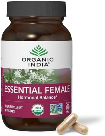 ORGANIC INDIA Essential Female Herbal Supplement – Hormonal Balance, Women’s Formula, Reproductive Health, Adaptogen, Ayurvedic, USDA Certified Organic, Non-GMO – 90 Capsules