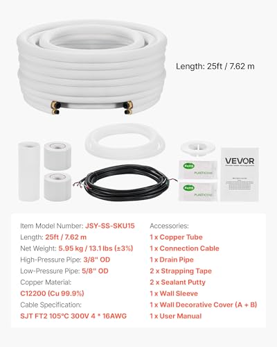 Image of VEVOR Mini Split Line Set, 25ft 3 /8 inch & 5 /8 inch OD AC Copper Tubing Pipe, 3 /8 White PE Thickened Insulated Coil with Flared Nuts, Rich Fittings, for Mini Split Air Conditioner HVAC or Heat Pump System