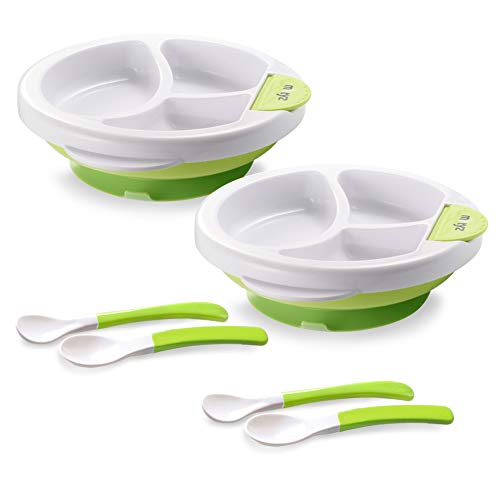 Image of Matyz 2-Pack Baby Feeding Suction Warm Plate with Draining and Drying Design - Stay Put Divided Plate for Kids - Including 2 Toddler Plates and 4 Spoons - Microwave & Dishwasher Safe (Green)