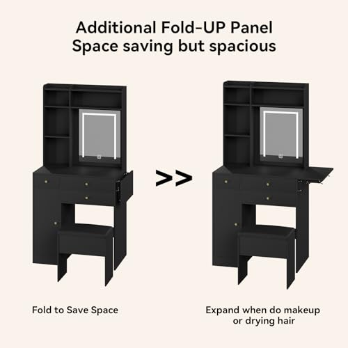 ARTETHYS Vanity Desk with Mirror and Lights Black Makeup Vanities Set with Storage Chair Dressing Table with Drawer and Fold-up Panel for Bedroom - Thumbnail 4