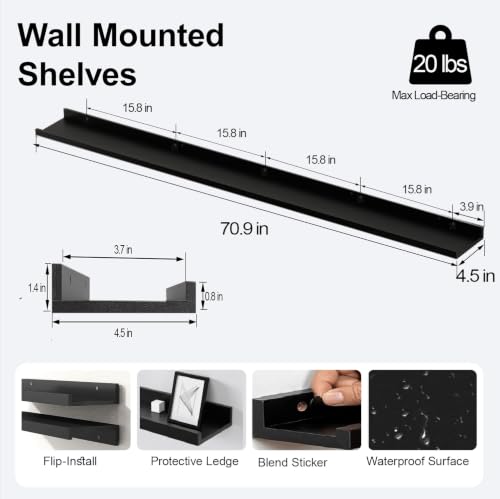 Image of Black Floating Shelves for Wall Decor, 71 in Shelf with Lip, 2 Set