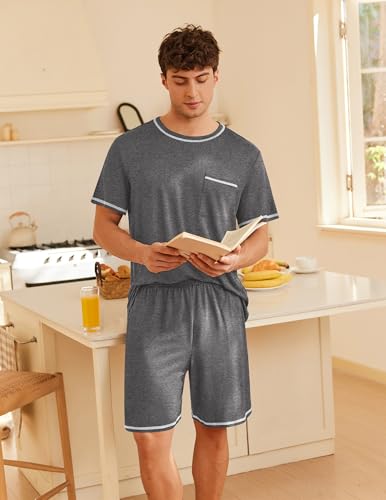 Image of Ekouaer Men's Pajamas Set Casual Short Sleeve Shirts and Shorts Soft 2 Piece Loungewear With Pockets