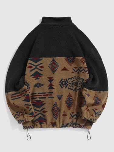 Image of ZAFUL Aztec Print Fleece Jacket - Unisex Full Zip Hoodie with Stand Collar, Pockets & Fluffy Texture