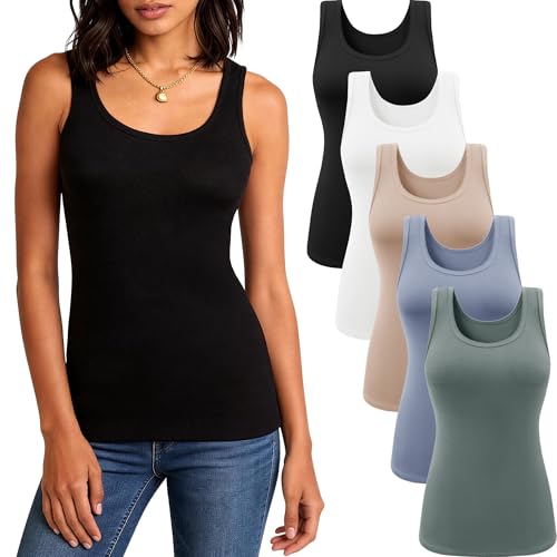 5 Pack Tank Tops for Women, Soft Ribbed Scoop Neck Sleeveless Fitted Basic Summer Tops Casual Going Out Undershirt