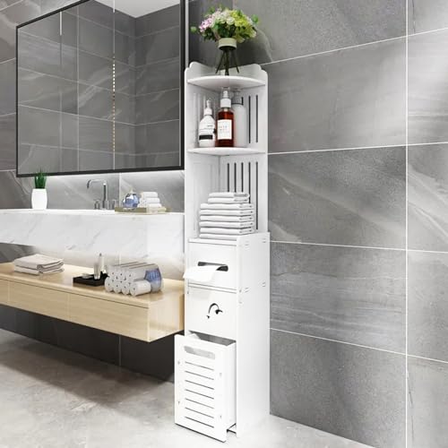 VAODO Bathroom Cabinet Storage Cabinet Bathroom Organizers Toilet Corner Cupboard with Paper Dispenser Trash Can Organize Shelf 90cm Tall