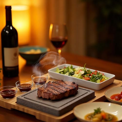Artestia Hot Stone Steak Cooking Set – 2 Natural Granite Grill Stones + 1 Bamboo Tray +1 Salad Plate & 3 Sauce Bowls – Indoor/Outdoor BBQ Sizzling Steak & Seafood Grilling Gift