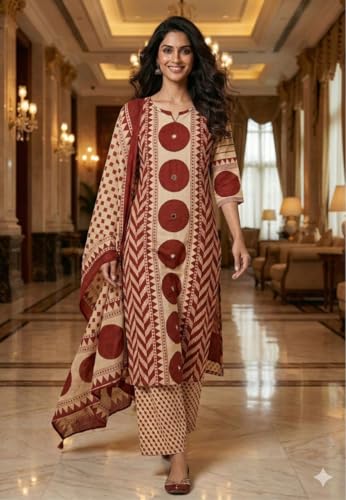 Image of krisjan|Women's Pure Cotton Printed with Handwork Kurta with Pants and Dupatta Set | Ethnic Set | Suit Set | Kurta Set |