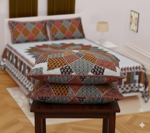 Image of Pure 100% Cotton Double Bed Sheet with 2 Pillow Covers (Bedsheet for Double Bed Cotton, Multicolour Jaipuri, Double Bed Sheet (White & Yellow, Double)