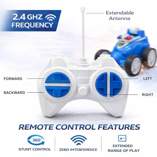 Image of Remote Controled Police Stunt Car Toy, All-Terrain Performance, 360 Rotating Rolling LED Flashing Lights with Police Siren Sound, Anti-Skid Rubber Tires, Grey, C Type Rechargeable 368PO Blue