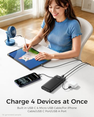 Image of VEGER Portable Charger with Built-in AC Plug and Cables, All in One 10000mAh Ultra Slim Power Bank Travel Essentials, USB C External Battery Pack Compatible with iPhone, Samsung, Android, Black
