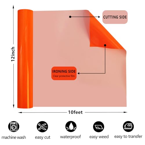 Image of FUNKAKA Fluorescent Orange-Red HTV Heat Transfer Vinyl Rolls, 12 inch x 10ft Neon Iron on Vinyl for All Cutter Machines PU Stretchy HTV Vinyl for T-Shirt Easy to Cut & Weed for Heat Transfer Design