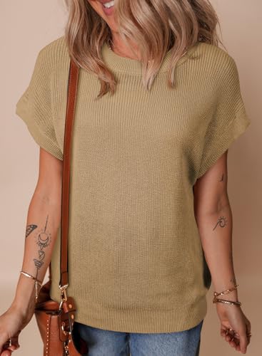 SHEWIN Womens Sweaters Crewneck Short Sleeve Shirts Casual Ribbed Knit Pullover Sweater Loose Tops for Women 20252