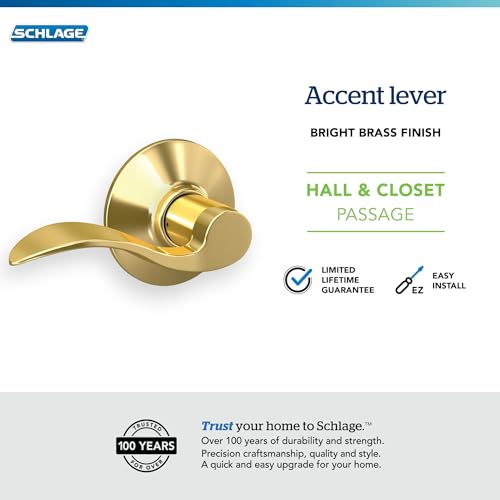 Image of Schlage F10 ACC 605 Accent Door Lever, Hall & Closet Passage Lock, Bright Brass