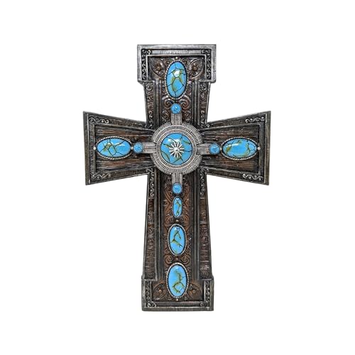 Cruz de pared turquesa de resina con relieve rústico ovalado