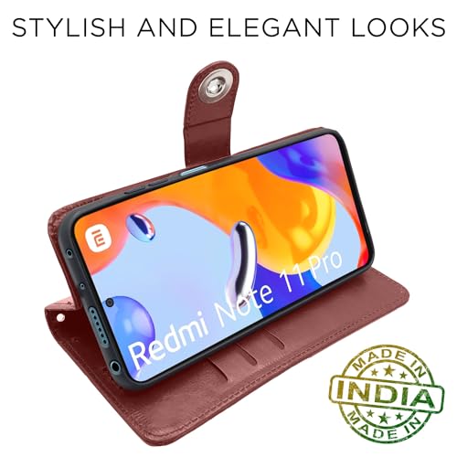 Image of Pikkme Redmi Note 11 Pro /Note 11 Pro Plus 5G Flip Cover Leather Finish | Inside TPU with Card Pockets | Wallet Stand and Shock Proof | Complete Protection Button Flip Case (Brown)
