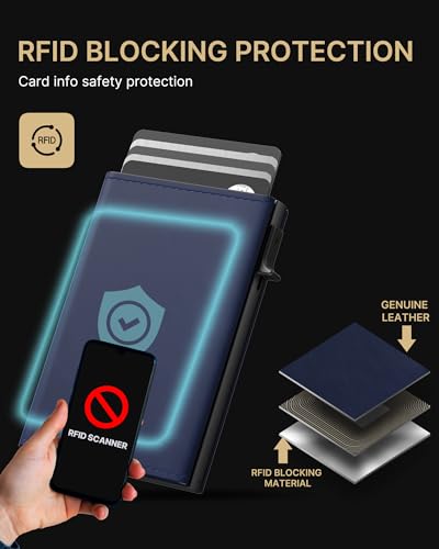 Image of typecase Mens Wallet Card Holder: Pop Up Aluminum Case, Premium Genuine Leather, Smart, RFID Blocking, Slim, Minimalist, Front Pocket - 9-14 Card Capacity | ID Window | Cash Slot (Navy)