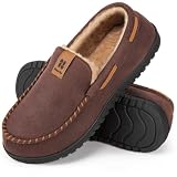 HomeTop Men's Moccasin Slippers Soft Faux Suede Plush Warm Lining Memory Foam Indoor House Shoes with Anti-Skid Sole (12, Coffee)