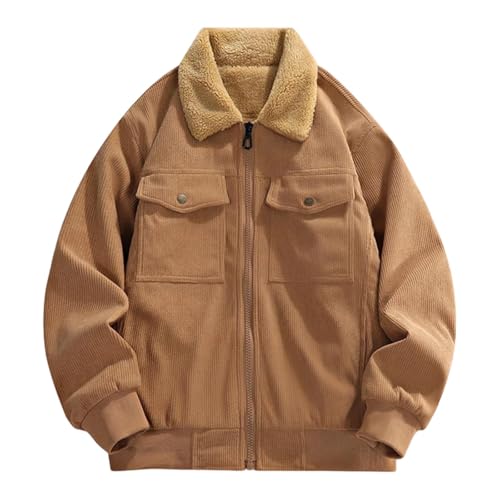 Men's Corduroy Casual Coat, Fashion Sherpa Fleece Lined Fall Winter Warm Overcoat Long Sleeve Zip Up Jacket with Pockets4
