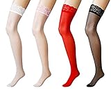 4 Pack Medias Finas hasta Muslo Elásticas Sexy para Mujeres, VicSec Casuales Calcetines Sedosa Largas Rodillas Altas con Top Encaje para Liguero (Negro+Blanco+Rojo+Rosa)