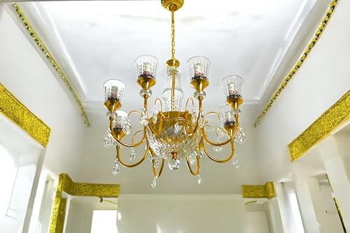 Image of Prop It Up Crystal Glass Chandelier, 8+1 Lights, Gold-Plated Metal Frame with Hanging Crystals, Traditional Design, Without Bulb