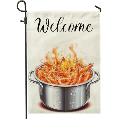 Funny Coastal Shrimp Garden Flags 12x18 Inch Double Sided for Outside, Fun Fried Prawn Standard Burlap Lawn Flags, Ocean Life Backyard Small House Flags Outdoor Decor