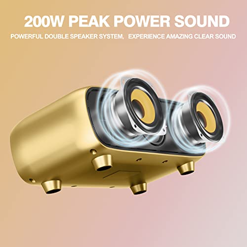 Upgrade Karaoke Maschine für Erwachsene und Kinder, tragbares Bluetooth 2 UHF drahtloses Karaoke Mikrofon mit Halterung/USB/TF-Karte/AUX-in, PA-Lautsprechersystem für draußen/drinnen-Gold