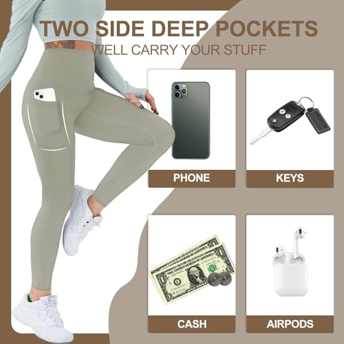 Image of CAMPSNAIL Fleece Lined Leggings Women - Thick Winter Thermal Warm Pants Pkt Tan Grey Large