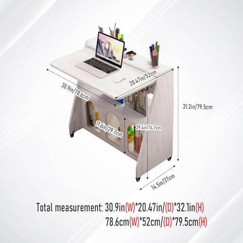 Pmnianhua Farmhouse Portable Desk on Wheels,Mobile Workstation,Rolling Computer Desk with Wheels and Storage for Home Office Small Space(White)