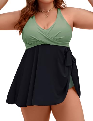 Edelqual Womens Plus Size Tankini Swimsuit Two Piece Tummy Control Bathing Suits Swim Dresses Swimwear Modest Curvy Trip 2025 Vacation Outfits (Army Green & Black,2XL)