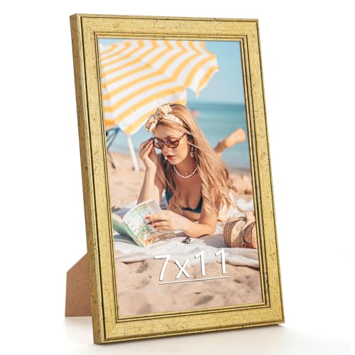 Wood 7x11 Frame Gold Ornate Natural Wooden 11x7in Picture Frames Modern Golden 7 x 11inch Gallery Photo Pic Frame with HD Plexiglass Horizontal Vertical Wall Mounting Tabletop Display 1Pcs