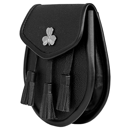 Image of Scottish Original Leather Sporran with Leather Belt & Chain (Black Leather Shamrock Flower Sporran)