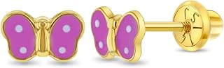 14K Yellow Gold Young Girl's Dainty Enamel Butterfly Safety Screw Back Earrings - Cute Butterfly Earrings for Toddlers & Little Girls - Small Earring Studs for Daily Use
