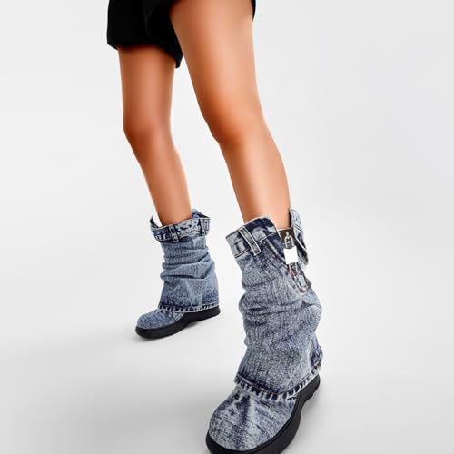 Mid Calf Denim Boots for Women Round Toe Fold Over Jeans Booties with Padlock Thick Bottom Platform Boots Vintage Fashion Western Cowboy Shoes3