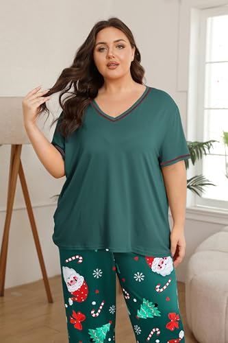 Image of Vozanet Women's Plus Size Pajama Sets Short Sleeve Long Pants Solid Color with Piping Trim Elegant Loungewear Cozy Sleepwear