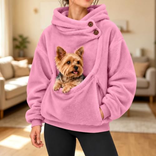 Hoodie with Dog Pouch Pet Pouch Hoodie Womens Fleece Button Collar Zip Pockets Travel Errands Chaquetas De Mujer Invierno Drsl Capsule Wardrobe for Women 2026 Pink - image 2