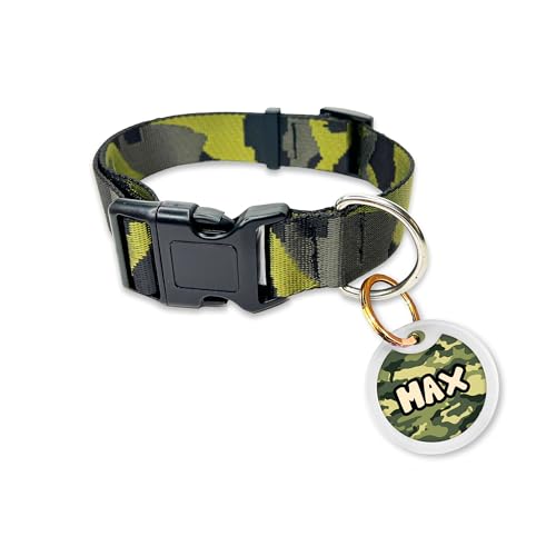 Image of Pawsindia Stylish Army Print Dog Collar with Name Tag for Medium & Large Size Dogs, Vibrant Patterns and Customize Name Tag, Comfortable Fit, & Durable Construction with Waterproof Prints