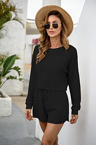 JINKESI Women's Waffle Knit Pajama Set Long Sleeve Top and Shorts Lounge Sleepwear with Pockets Black-Large - Image 6