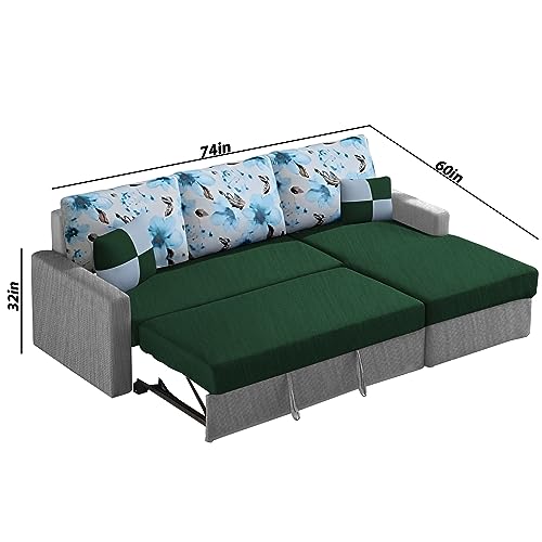 Image of Orland 4 Seater LHS L Shape Sofa Cum Bed for Living Room | Color - Green Grey | Premium Fabric Sofa