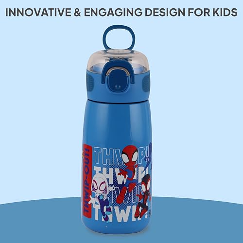 Image of Cello Kidzbee Flare 450 Insulated Stainless Steel Sipper Water Bottle 444 ml, Blue | Web Warriors Cartoon Design Hot & Cold Bottle | Vacuum Insulated Leakproof Easy to Carry Water Bottle for Kids