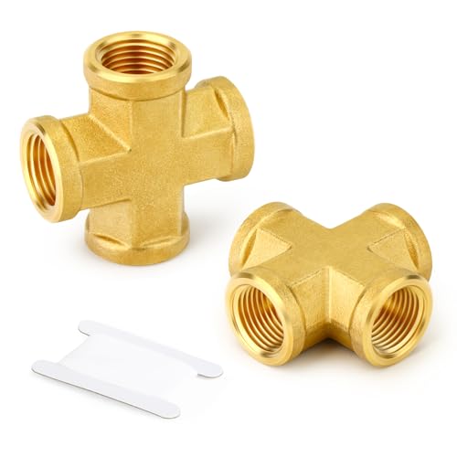Image of GASHER 2PCS Brass Pipe Fitting, Cross 4 Way Pipe Fitting, 1 /8 inch NPT Female Pipe