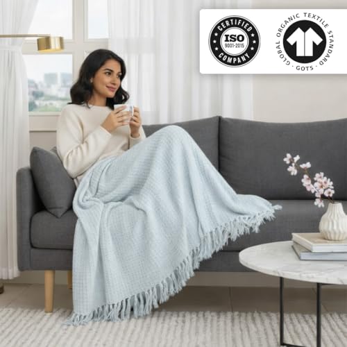 Image of HOMEMONDE 100% Cotton Handloom Waffle Throw Blanket for Sofa & Bed | Soft Lightweight Decorative Throw with Tassels | All-Season Couch, Chair & Bed Throw (50 x 60 Inches - Ice Blue)