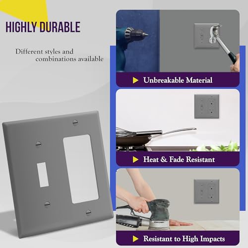 Image of ENERLITES Combination Toggle Light Switch /Decorator Light Switch Plate, Double Switch Wall Plate, Standard Size 2-Gang 4.50 inch x 4.57 inch, Polycarbonate Thermoplastic, 881131-GY, Gray