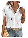 SweatyRocks Women's Cherry Print Short Sleeve Blouse Collar Button Down Textured Casual Shirts White Medium