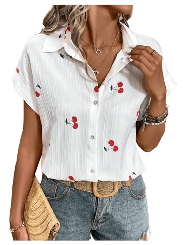 SweatyRocks Women's Cherry Print Short Sleeve Blouse Collar Button Down Textured Casual Shirts