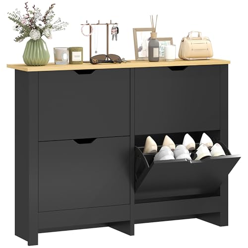 HOMCOM Meuble à Chaussures 16 Paires, Armoire à Chaussures étroite avec 4 tiroirs rabattables et étagères réglables, Style Moderne, pour Couloir,...